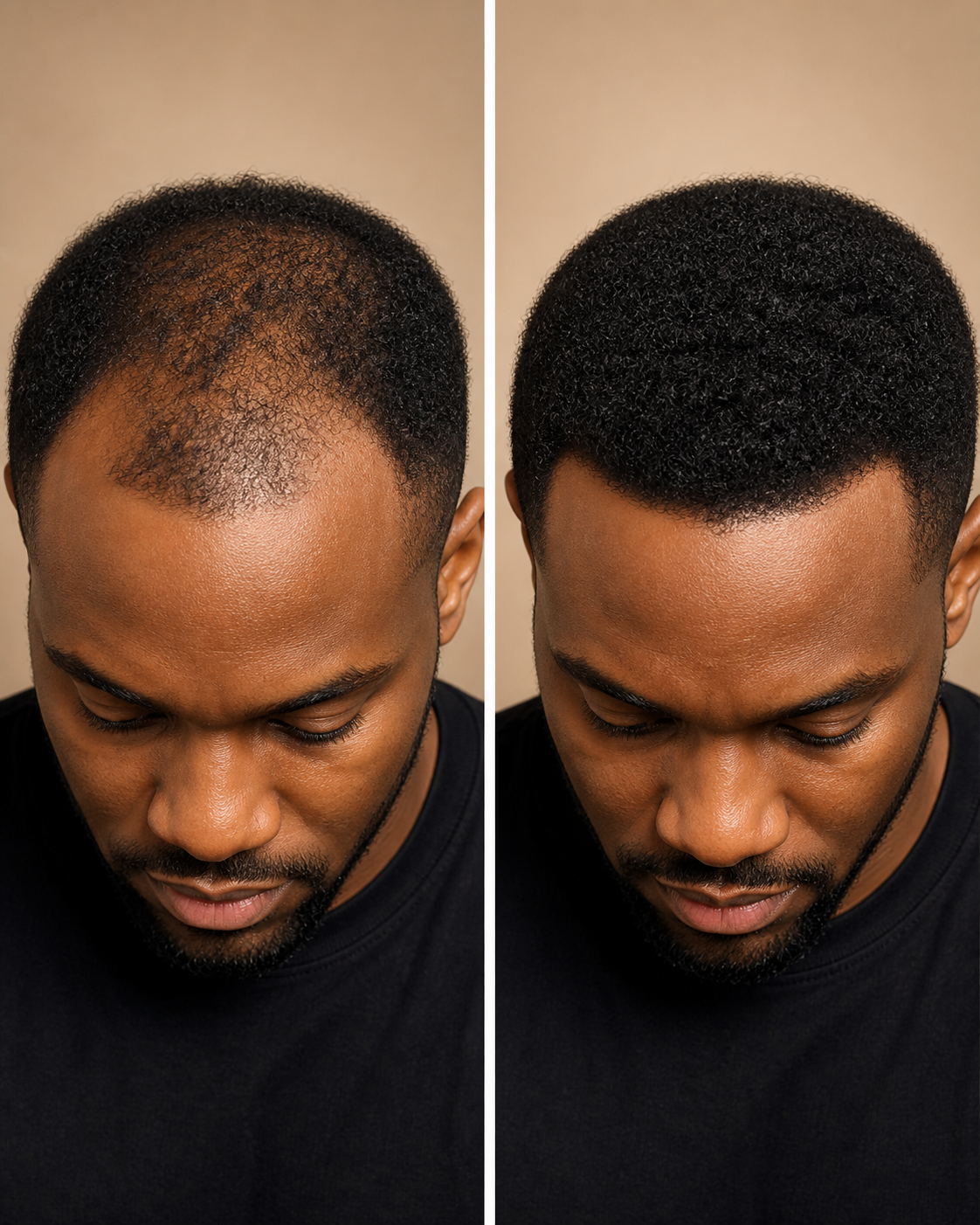 Black man before and after hair fiber application